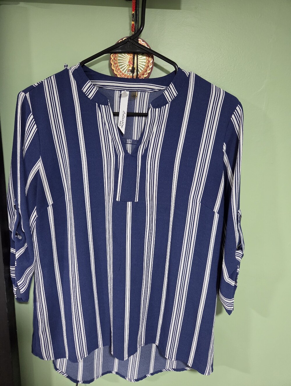 NY Collection Navy and White Vertical Stripe Tunic